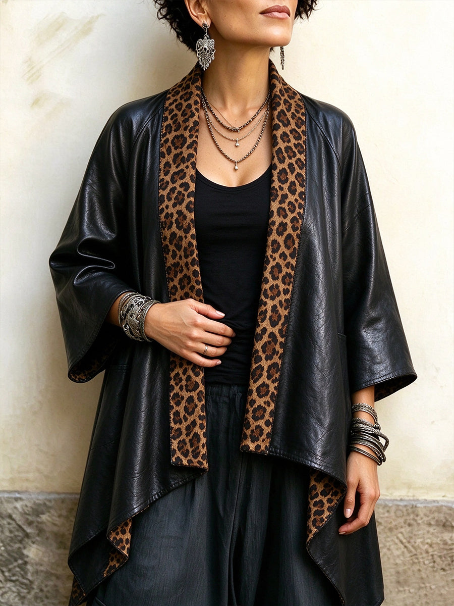 Cardigan in finta pelle con stampa leopardata tagliente
