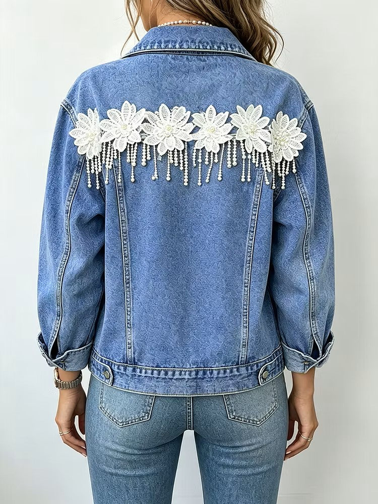 Chic Casual Denim Jacket With 3d Floral Appliqué And Tassels