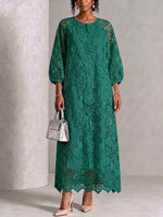 Round‑neck Raglan Lantern‑sleeve Lace Maxi Dress