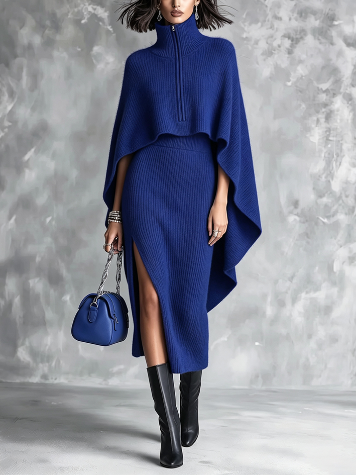 Chic Royal Blue Ribbed Knit Cape Set