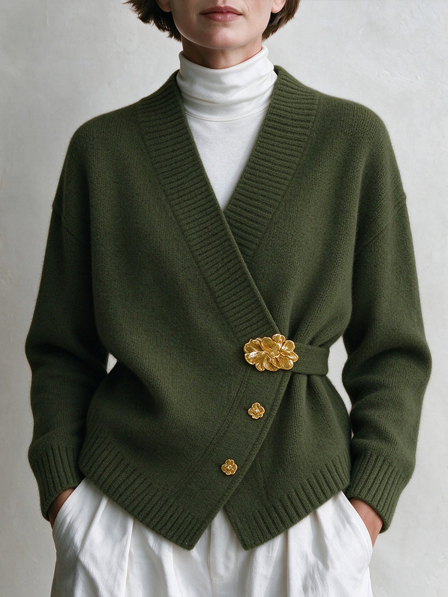 Exquisite Floral-print Knit Wrap Cardigan With Gold-tone Buttons