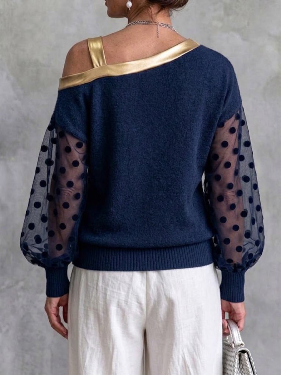 One-Shoulder-Strickoberteil mit gepunktetem Mesh-Einsatz