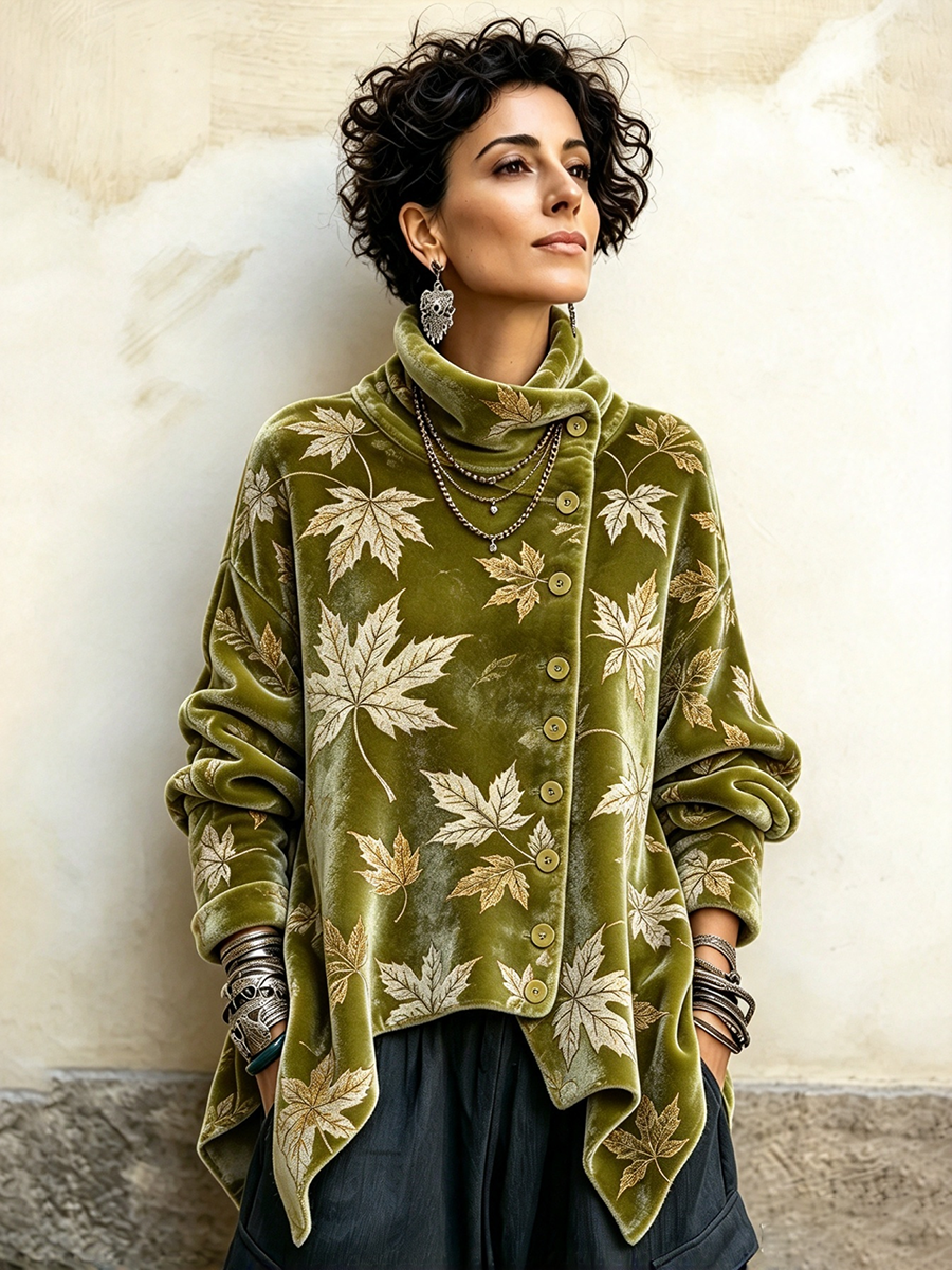 Schickes, asymmetrisches Herbst-Winter-Pullover-Oberteil aus Samt mit Ahornblatt-Print