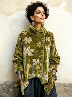 Schickes, asymmetrisches Herbst-Winter-Pullover-Oberteil aus Samt mit Ahornblatt-Print