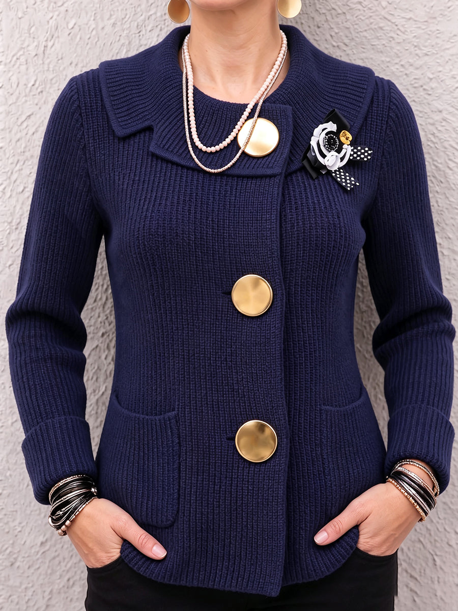 Chic Navy Ribbed Knit Gold Button Cardigan