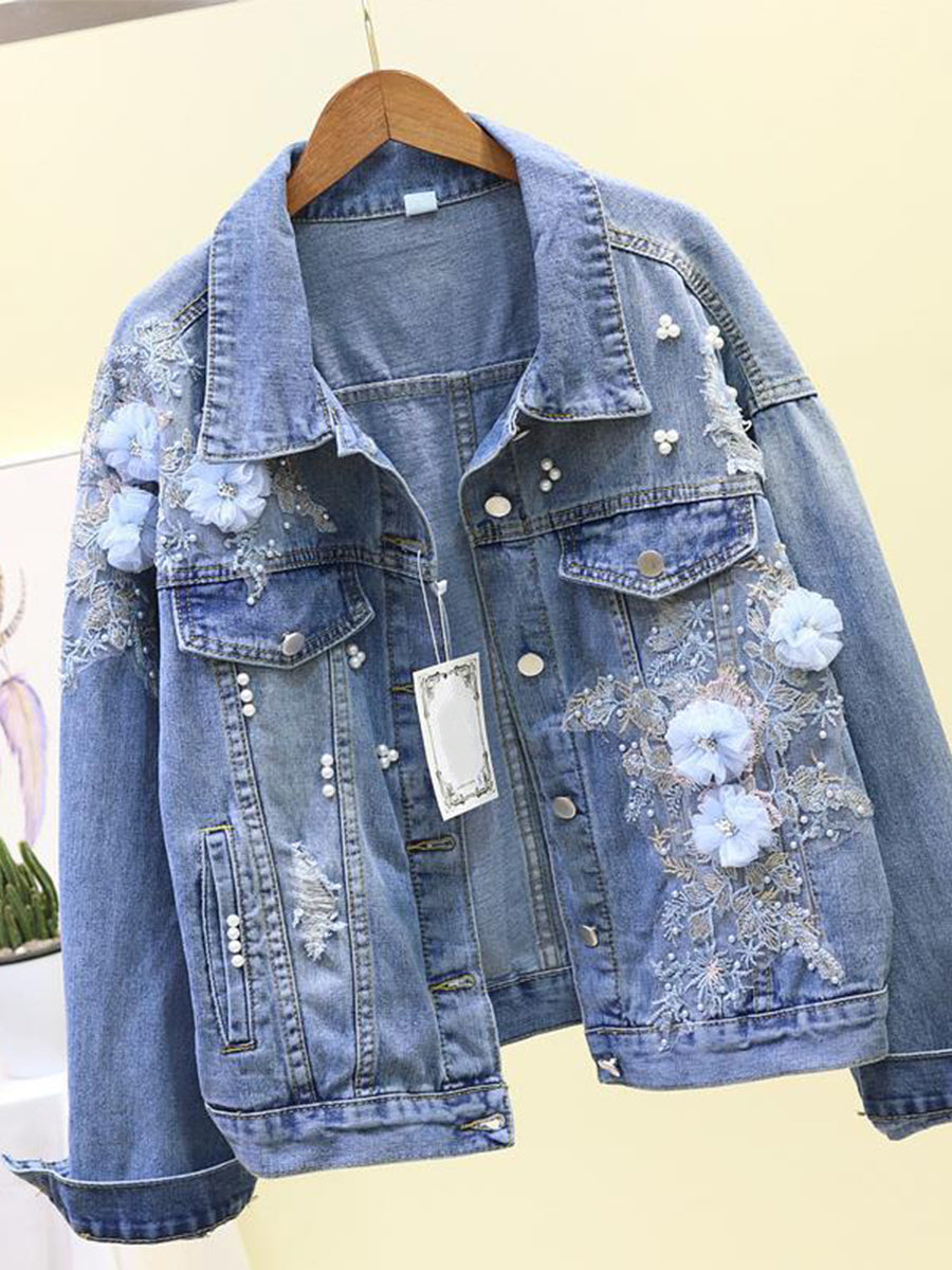 Romantic 3D Floral Applique Pearl Denim Jacket
