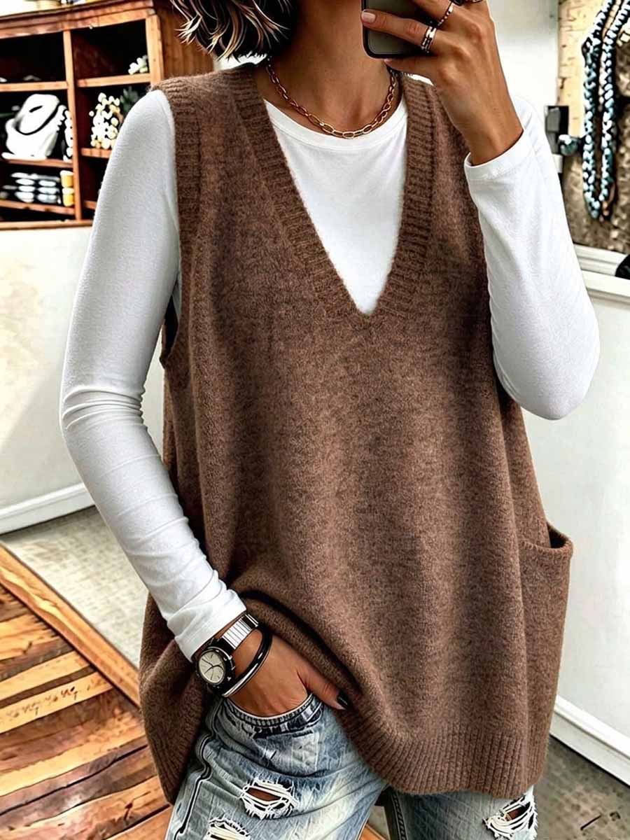 Übergroße Strickpulloverweste für Damen mit V-Ausschnitt und Taschen