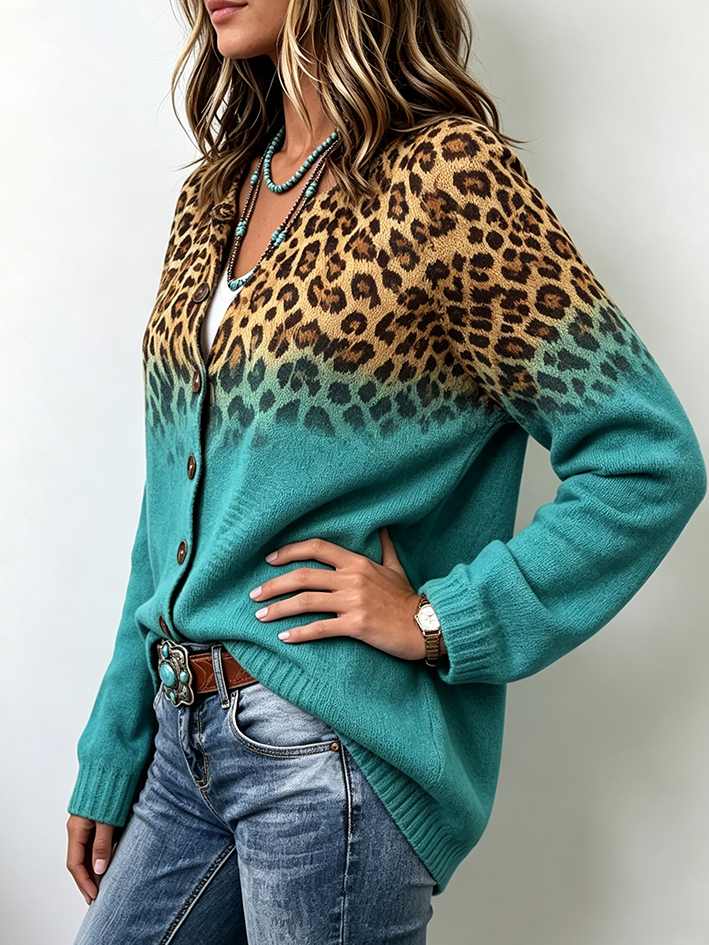 Boho Leopard Print Colorblock Button-down Cardigan Sweater