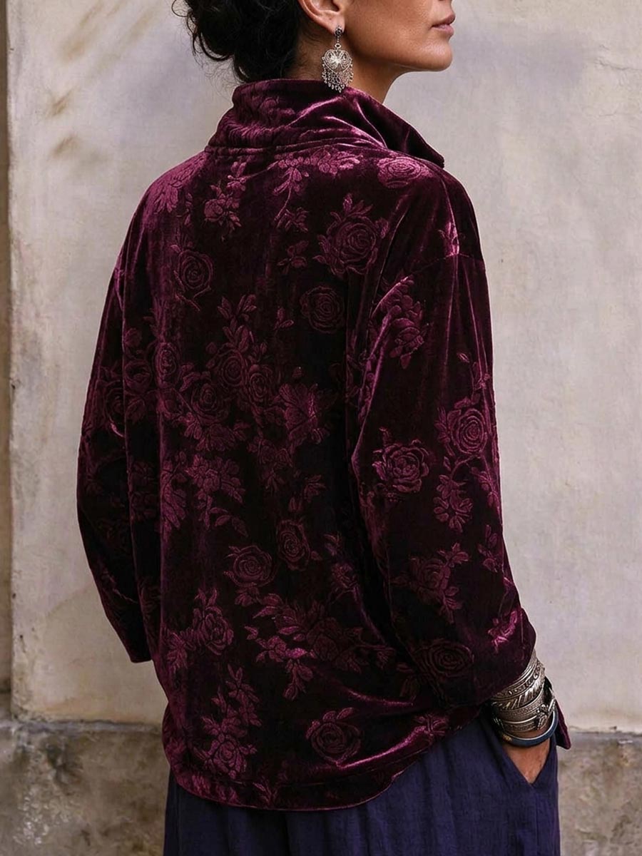 Pullover con mezza zip in velluto goffrato floreale bordeaux vintage