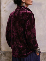 Pullover con mezza zip in velluto goffrato floreale bordeaux vintage