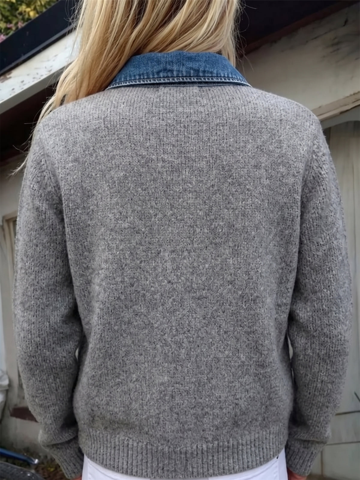 Edgy Frayed Denim Spliced Knit Cardigan