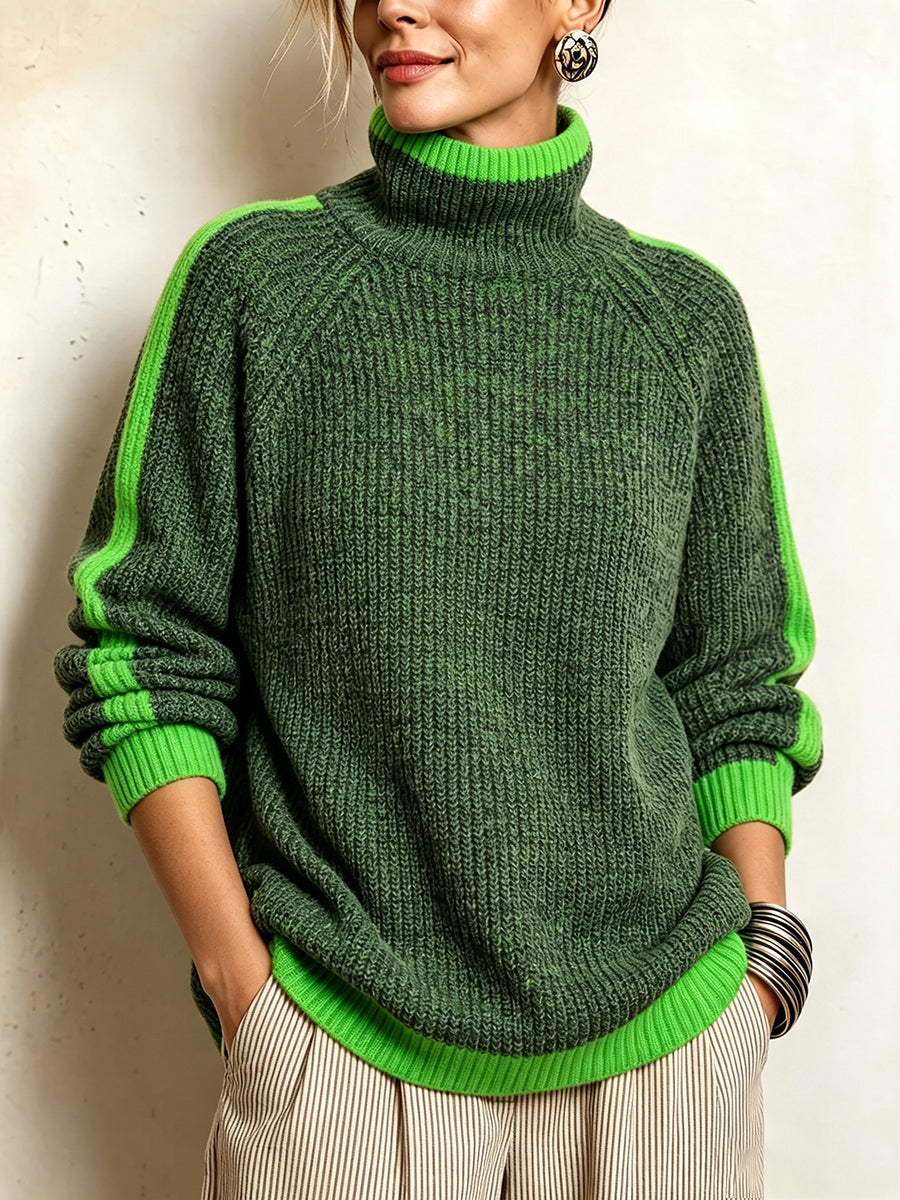 Cozy Contrast Stripe Turtleneck Knit Sweater