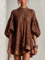 Casual Loose-fit Puff-sleeve Lace Dress