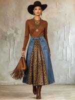 Bold Mixed-media Denim Leopard Print Skirt