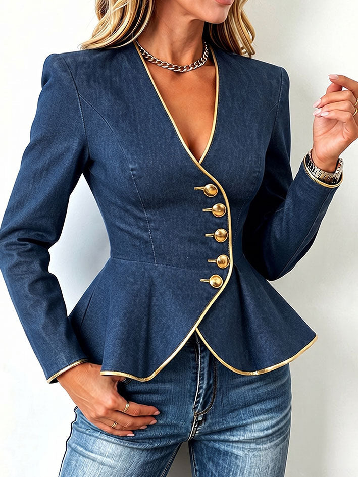 Chic Gold-tone Stretchy Denim Peplum Blazer Jacket