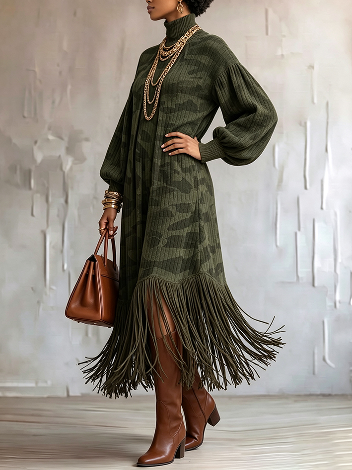 Chic Camouflage Turtleneck Fringed Dress