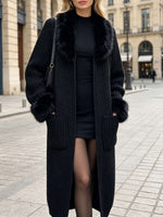 Casual And Cozy Long Chunky-knit Cardigan With A Fur-style Collar