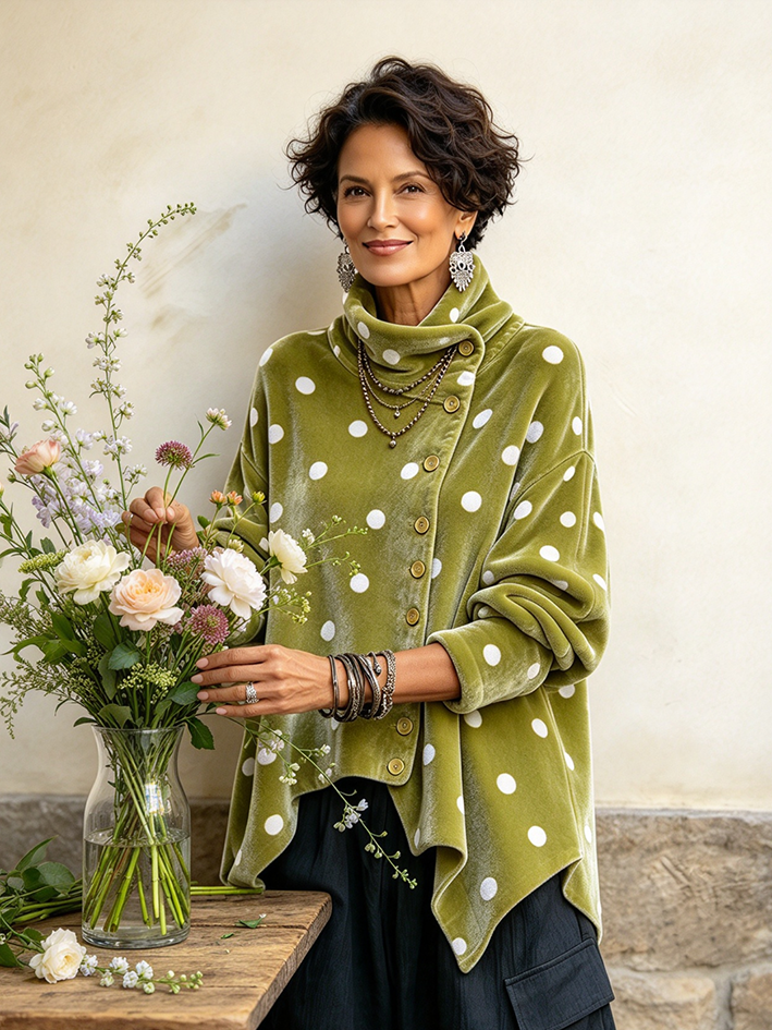Top in velluto a pois con bottoni asimmetrici chic