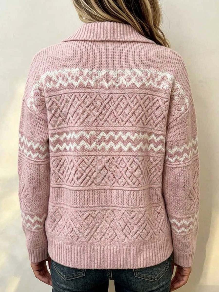 Women's Geometric Print Lapel Long-sleeve Loose-fit Knit Cardigan