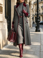 Elegante cappotto lungo in misto lana spinato