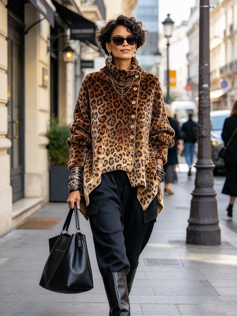 Top de terciopelo asimétrico con cuello alto y estampado de leopardo atrevido