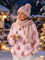Suéter de punto con diseño de árbol de Navidad rosa, elegante y acogedor