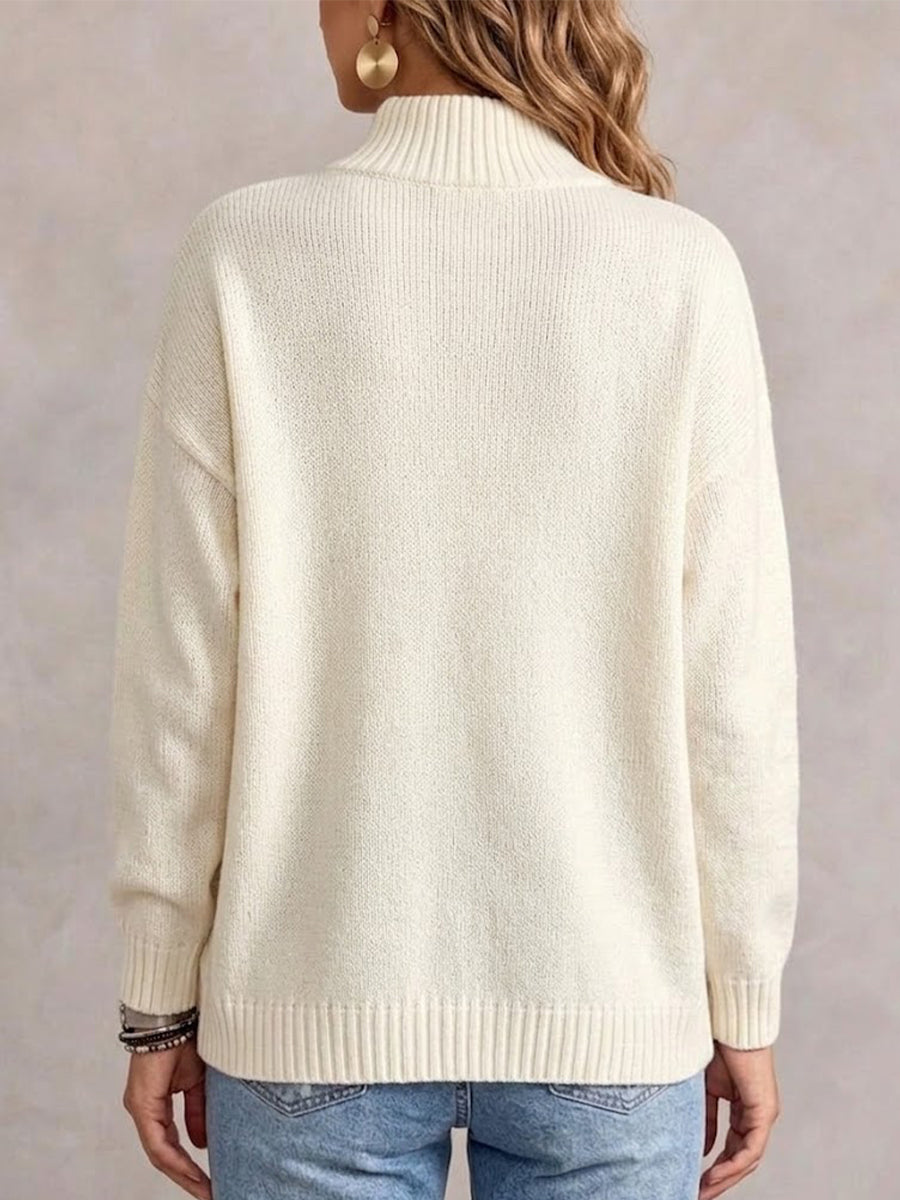 Loose-fit Knit Sweater With A Mock Neck And Diagonal Metal Button Detail