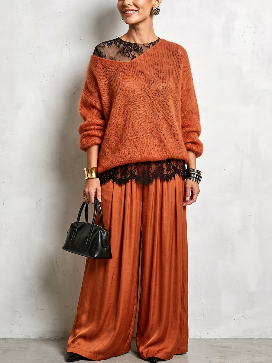 Cozy Lace Long Sleeve T-shirt And Mohair Knit Sweater Two Piece Set