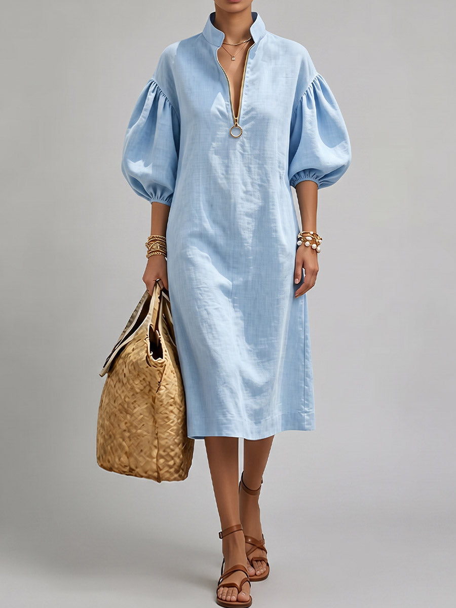 Women's Solid Color 3/4 Neck Long Sleeve Casual Loose Cotton Linen Dress