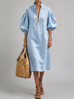 Women's Solid Color 3/4 Neck Long Sleeve Casual Loose Cotton Linen Dress