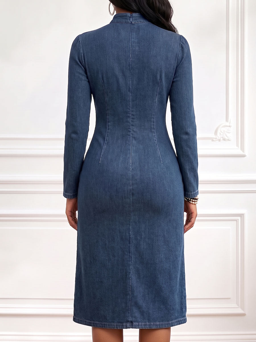 Women's Stand Collar Long Sleeve Casual Loose Slit Denim Dress