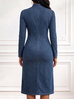 Women's Stand Collar Long Sleeve Casual Loose Slit Denim Dress