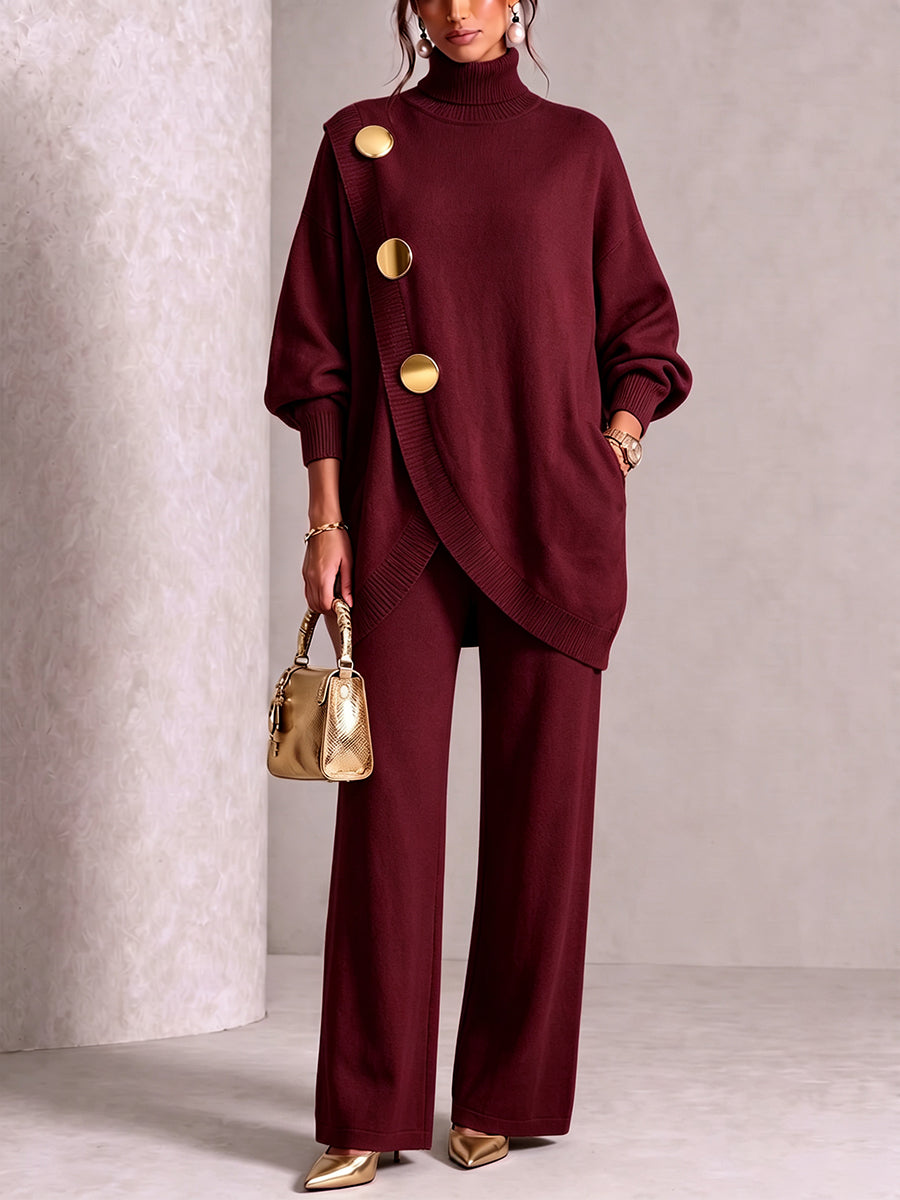 Elegant Burgundy Knit Asymmetrical Button Set