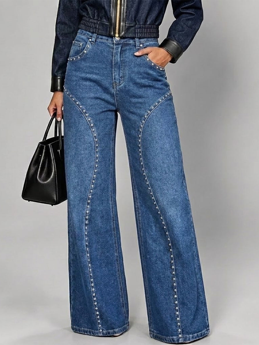 Curved Rhinestone High Waist Wide Leg Jeans