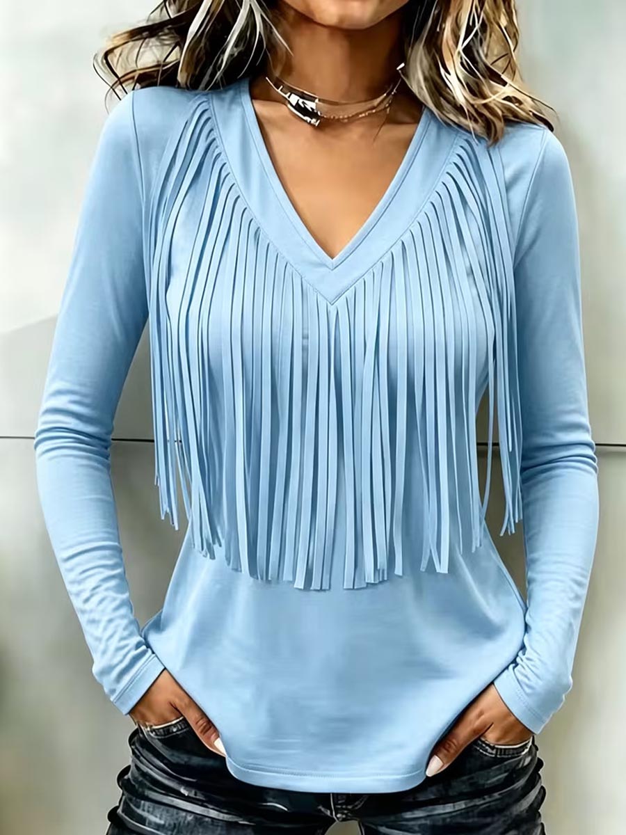 Top da donna con nappe casual larghe con scollo a V a maniche lunghe in tinta unita