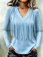 Top da donna con nappe casual larghe con scollo a V a maniche lunghe in tinta unita