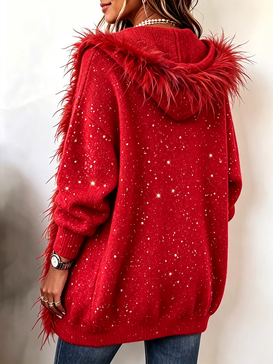 Cozy Feather-Trimmed Glitter Knit Cardigan