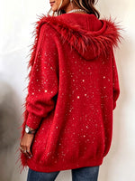 Cozy Feather-Trimmed Glitter Knit Cardigan