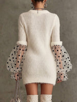 Cozy Mixed-media Polka-dot Mesh Knit Mini Dress