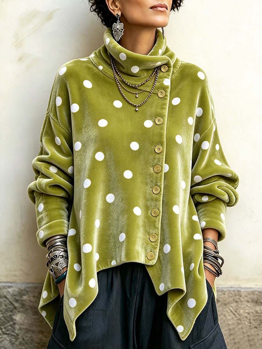 Top in velluto a pois con bottoni asimmetrici chic