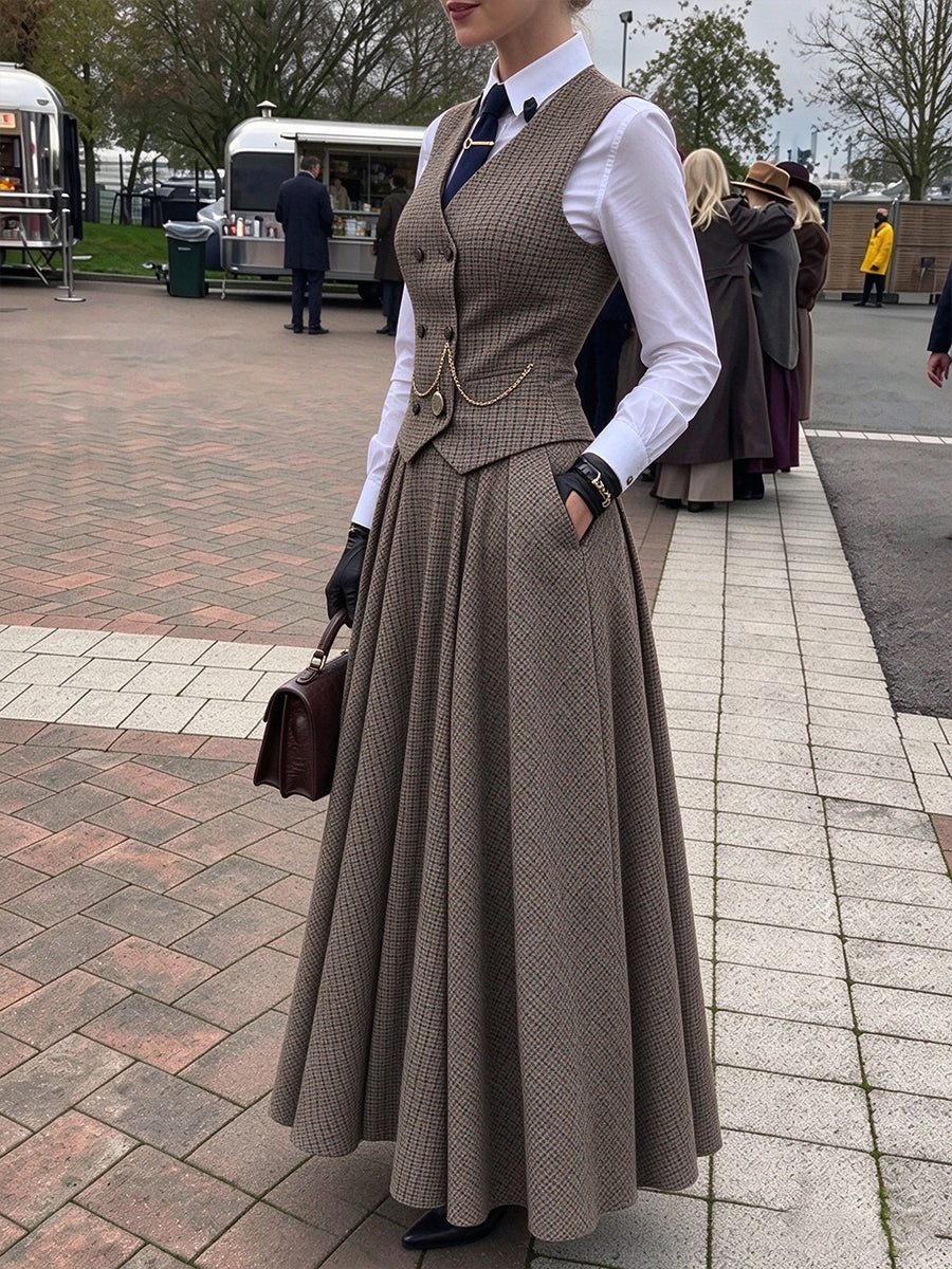 Zweiteiliges Set aus karierter Weste und langem Rock aus Wollmischung im Vintage-Stil