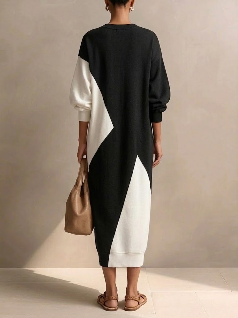 Casual Black And White Color-block Cotton Dress