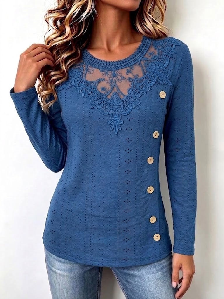 Lace Spliced Eyelet Top With Diagonal Buttons Long Sleeve