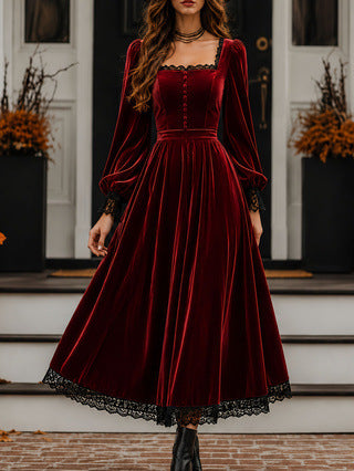 Vintage-style Exquisite Lace-trimmed Velvet Midi Dress