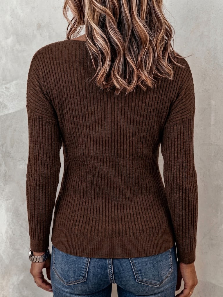 V-neck Wrap Front Side Button Ribbed Long Sleeve Top