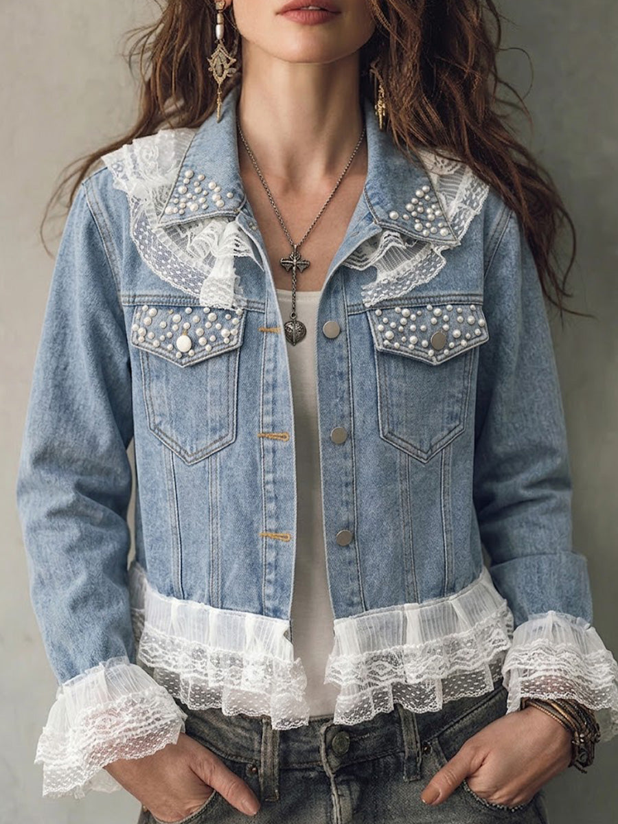 Lace Spliced Pearl Decor Cropped Denim Jacket