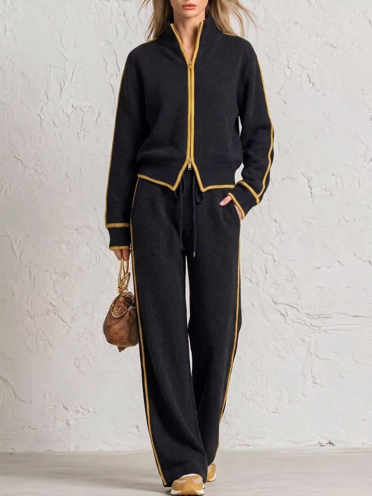 Elegante set di abbigliamento da casa in maglia con finiture a blocchi di colore