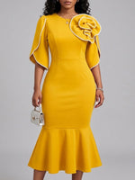 3d Floral Applique Flare Sleeve Mermaid Midi Dress