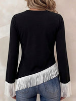 Top da donna con nappe a blocchi di colore, vestibilità ampia, girocollo, a maniche lunghe