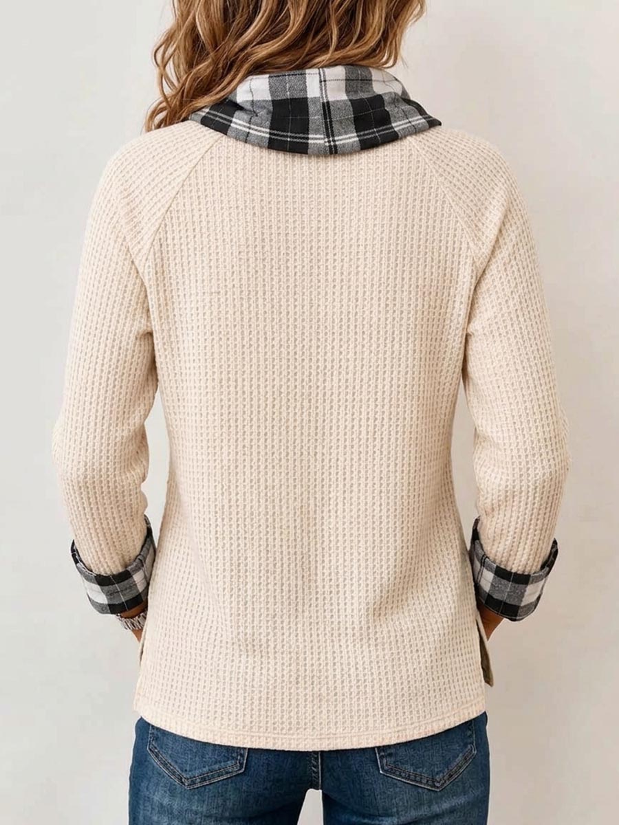 Top tunica da donna con collo ad anello scozzese in maglia a nido d'ape